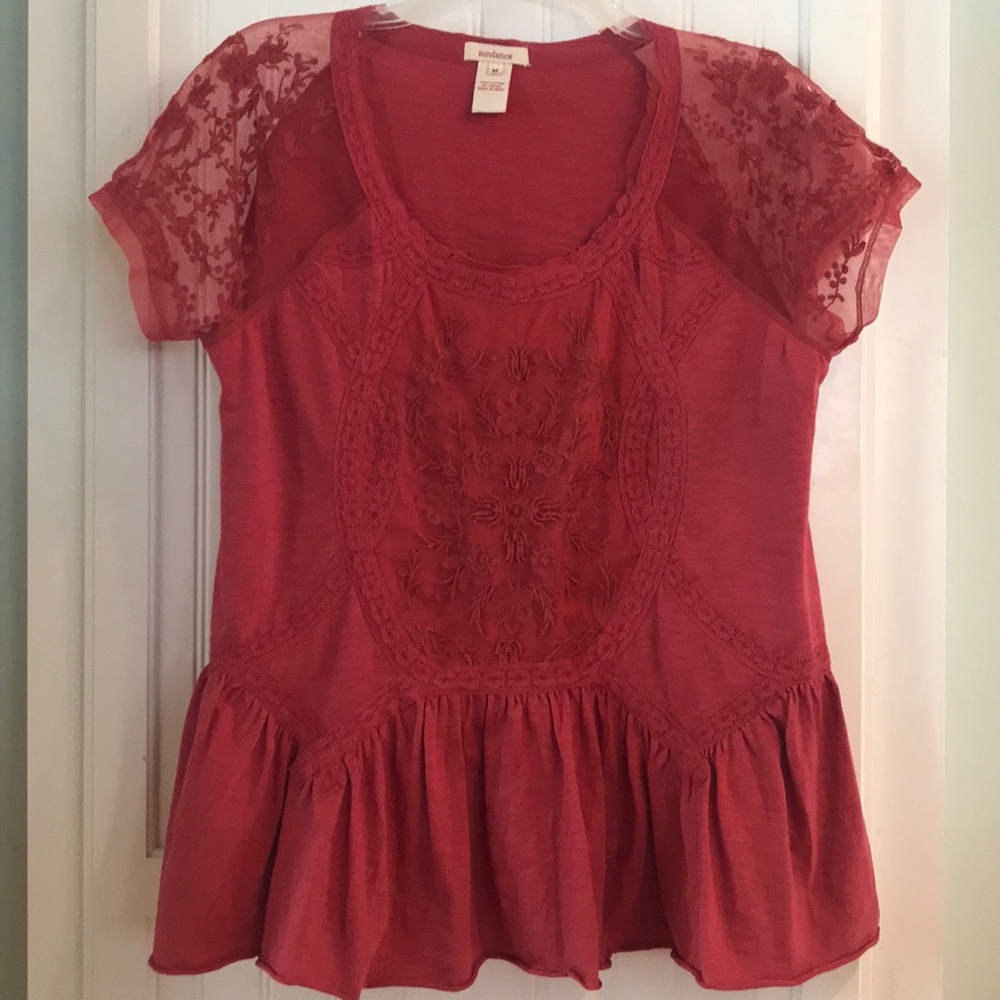 Brick red Sundance Catalog cotton and lace top.
